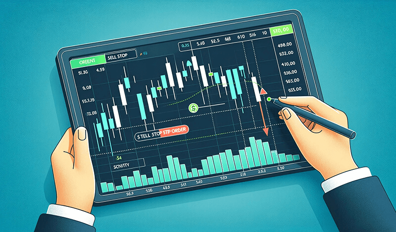 An image representing a Sell Stop order, triggered when the price of a security drops to a specified level below the current market price.